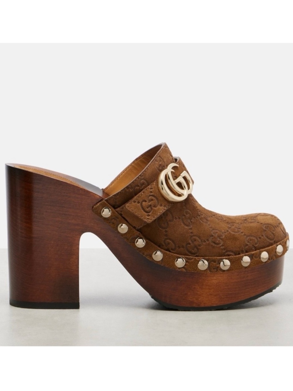 GUCCI Marmont GG logo suede leather platform wooden clogs